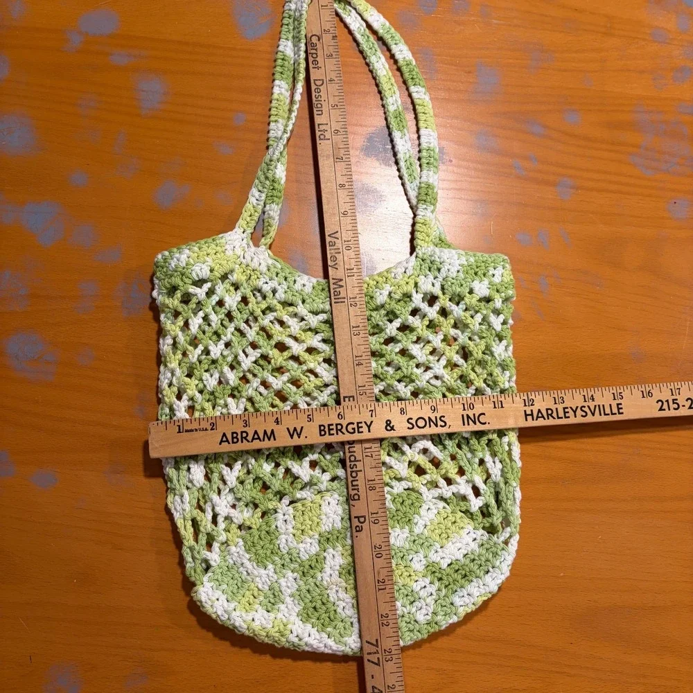 Handmade‎ Crochet Market Bag Green White Variegated Mesh Net Tote Boho Cotton